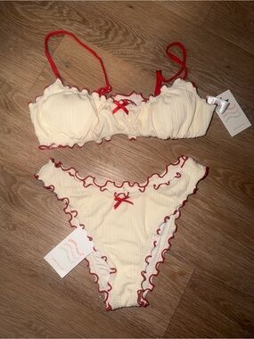 Dippin' Daisy's Cream Bikini Set with Red Trim